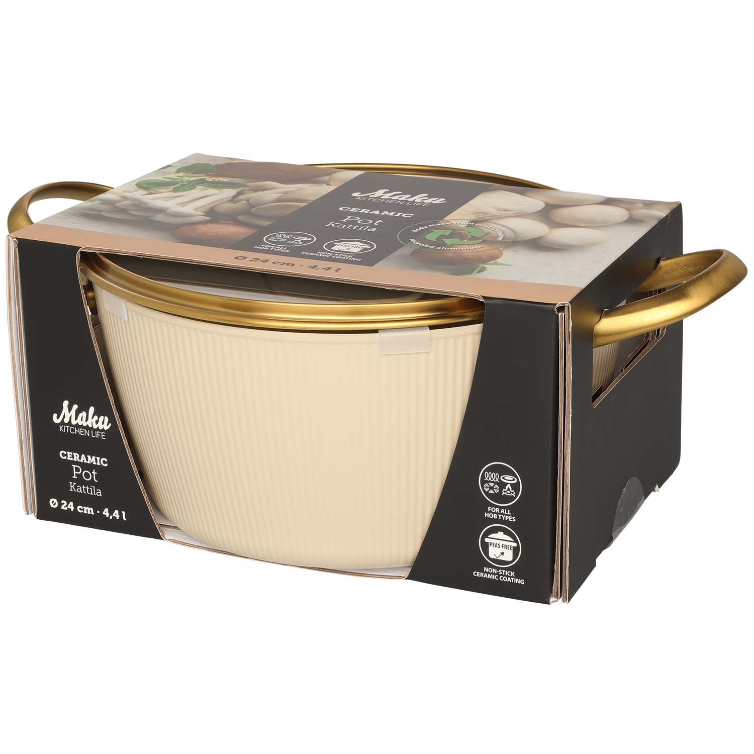 Beige 24 cm Aluminum Pot with Lid, 4.4 L Capacity