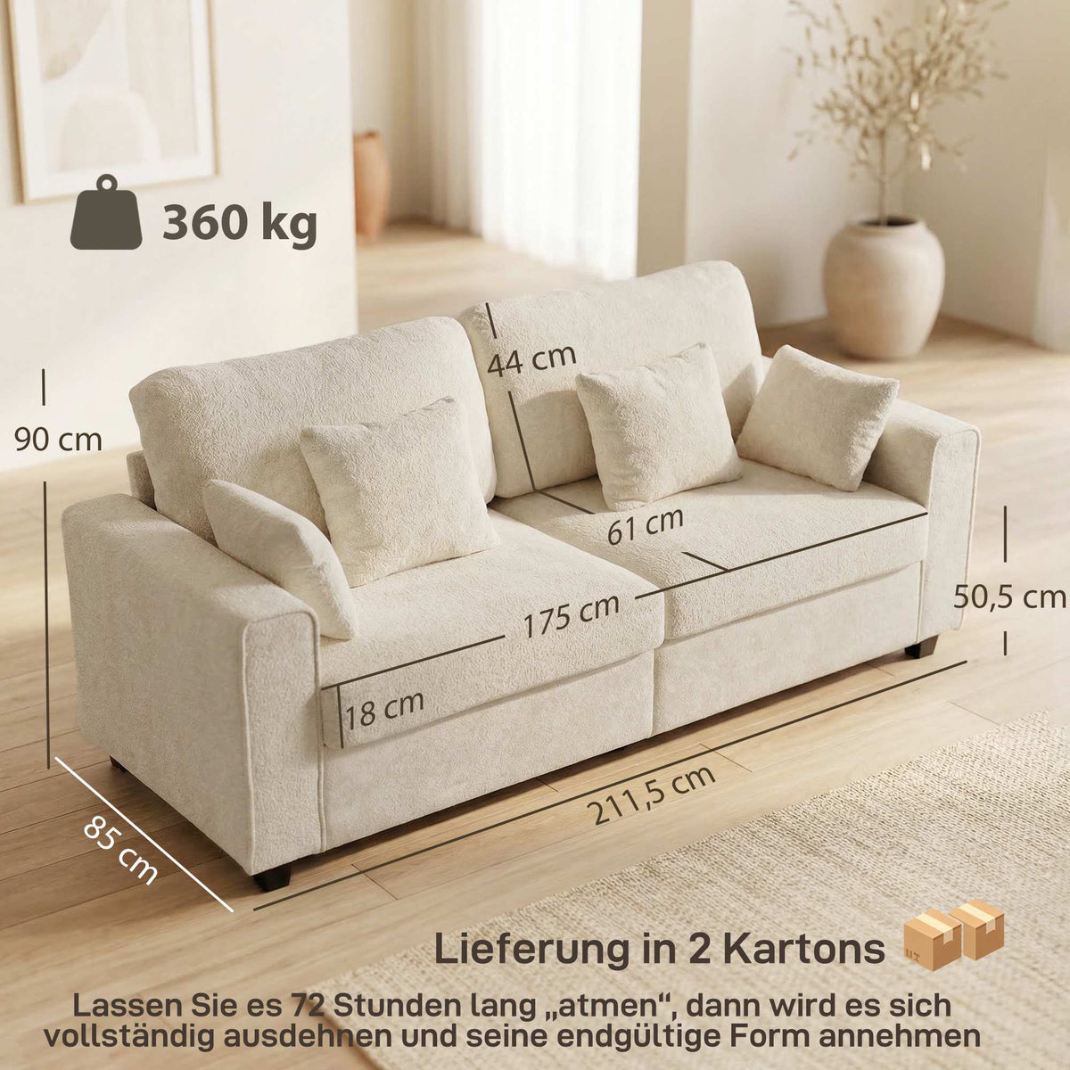 Beige 3-Seater Sofa with Velvet Fabric and Deep Seat
