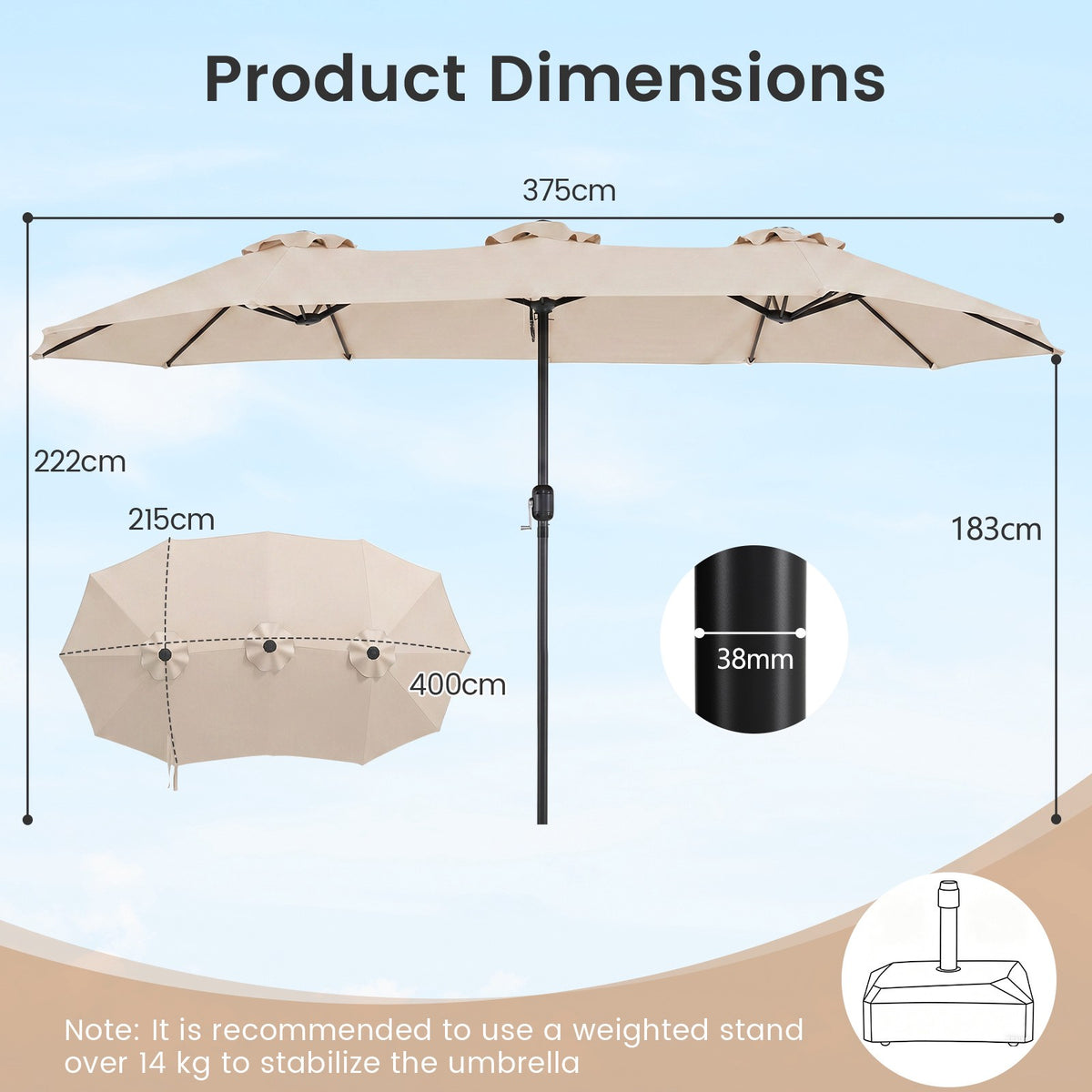 Beige Double Parasol 400x215 cm, Water-Repellent