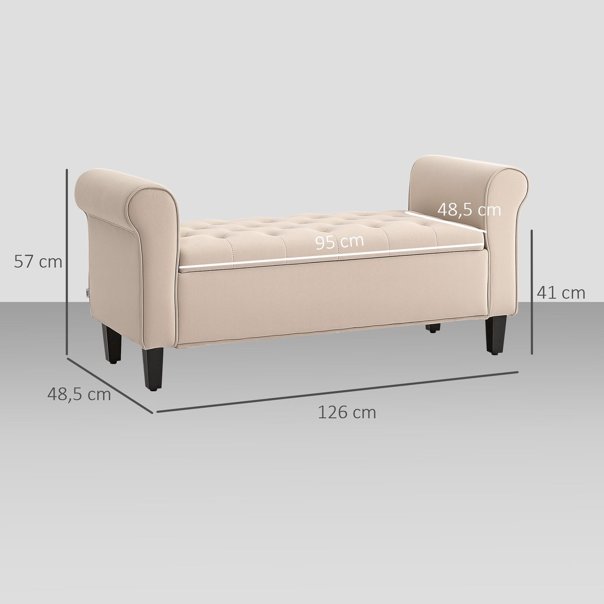 Beige Velvet Storage Bench with Button Tufting and Armrests
