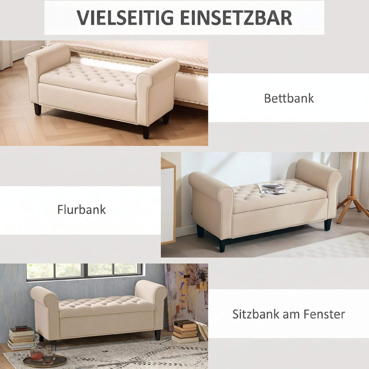 Beige Velvet Storage Bench with Button Tufting and Armrests