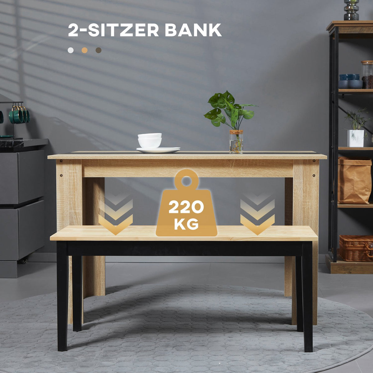 Bench 2-Seater Dining Bench Wooden Bench, Kitchen Bench Living Room Bench, Up To 220 Kg, Pine Wood, Natural, 102X36X45Cm