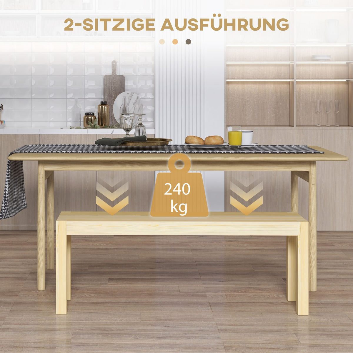 Bench 2-Seater Wooden Bench Dining Bench In Country House Style, Kitchen Bench For Living Room, Up To 240 Kg, Pine Wood, Natural, 120X33X45Cm