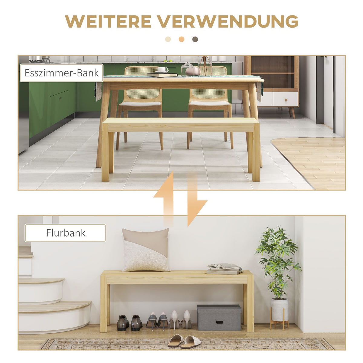 Bench 2-Seater Wooden Bench Dining Bench In Country House Style, Kitchen Bench For Living Room, Up To 240 Kg, Pine Wood, Natural, 120X33X45Cm