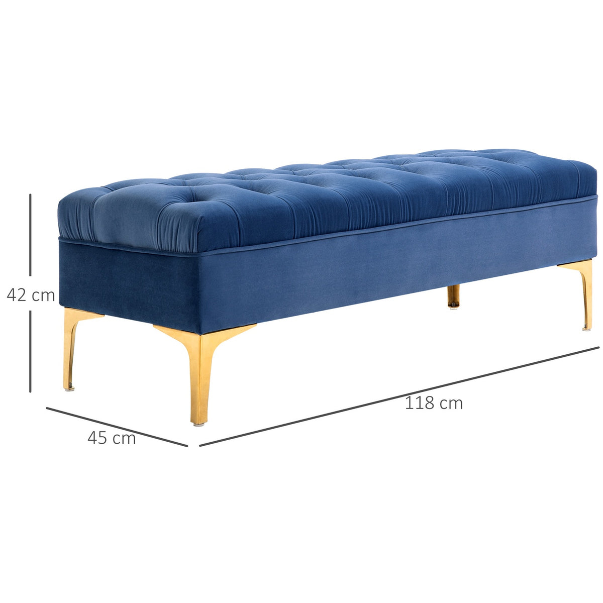 Bench, Bed Bench, Shoe Bench With Raised Legs, Bedroom, Velvet Blue 118 X 45 X 42 Cm