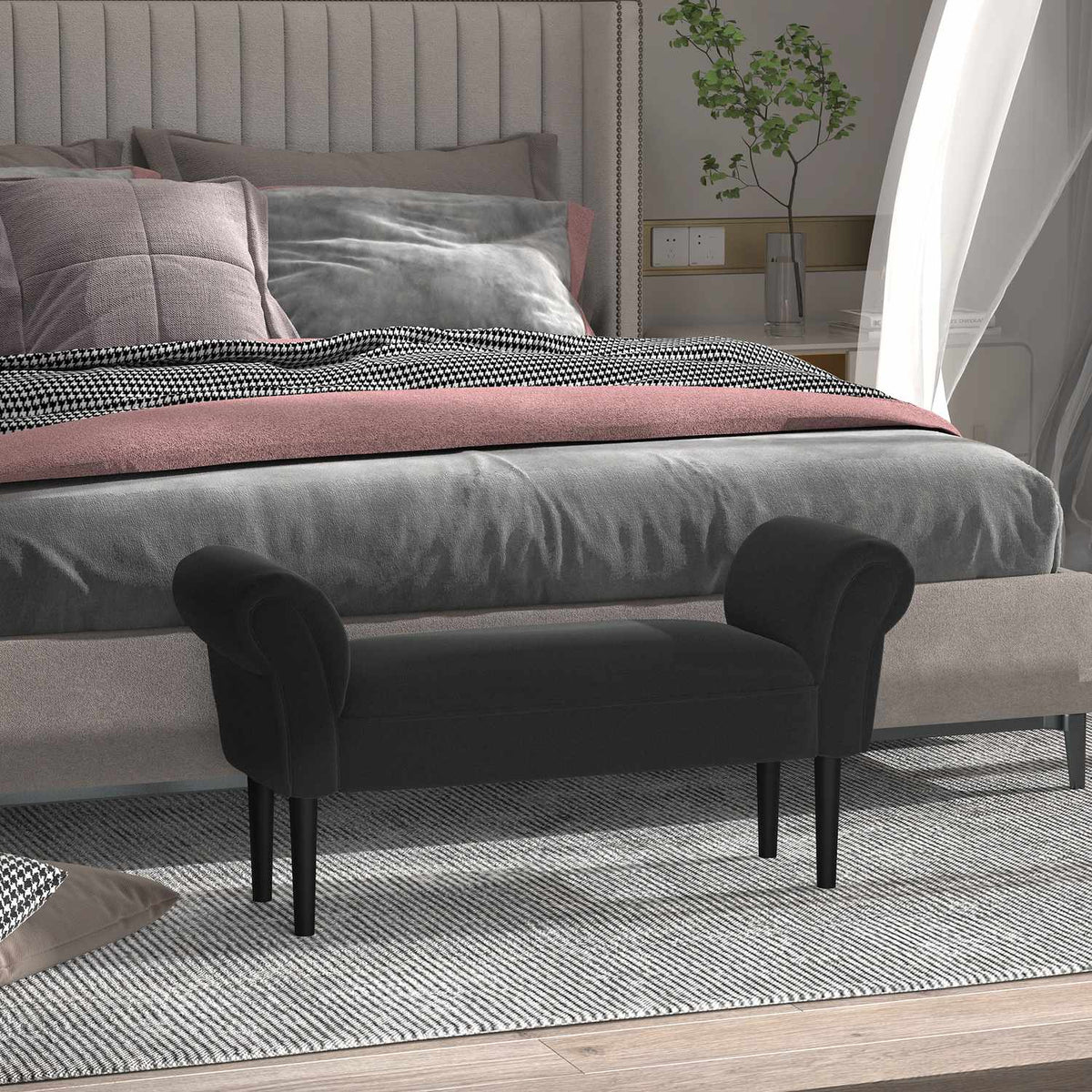 Bench For Bedroom Bed Bench, Upholstered Bench In Black, Mdf & Foam, 102X31X51Cm