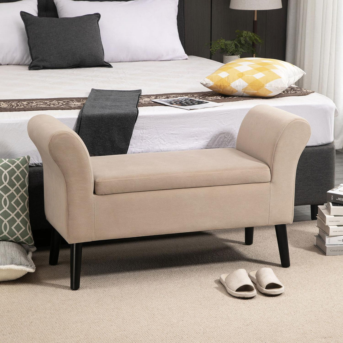 Bench For Living Room Modern Upholstered Bench With Storage Space, Velvety Polyester, Rubber Wood, Armrests, 115.5X43.5X66Cm