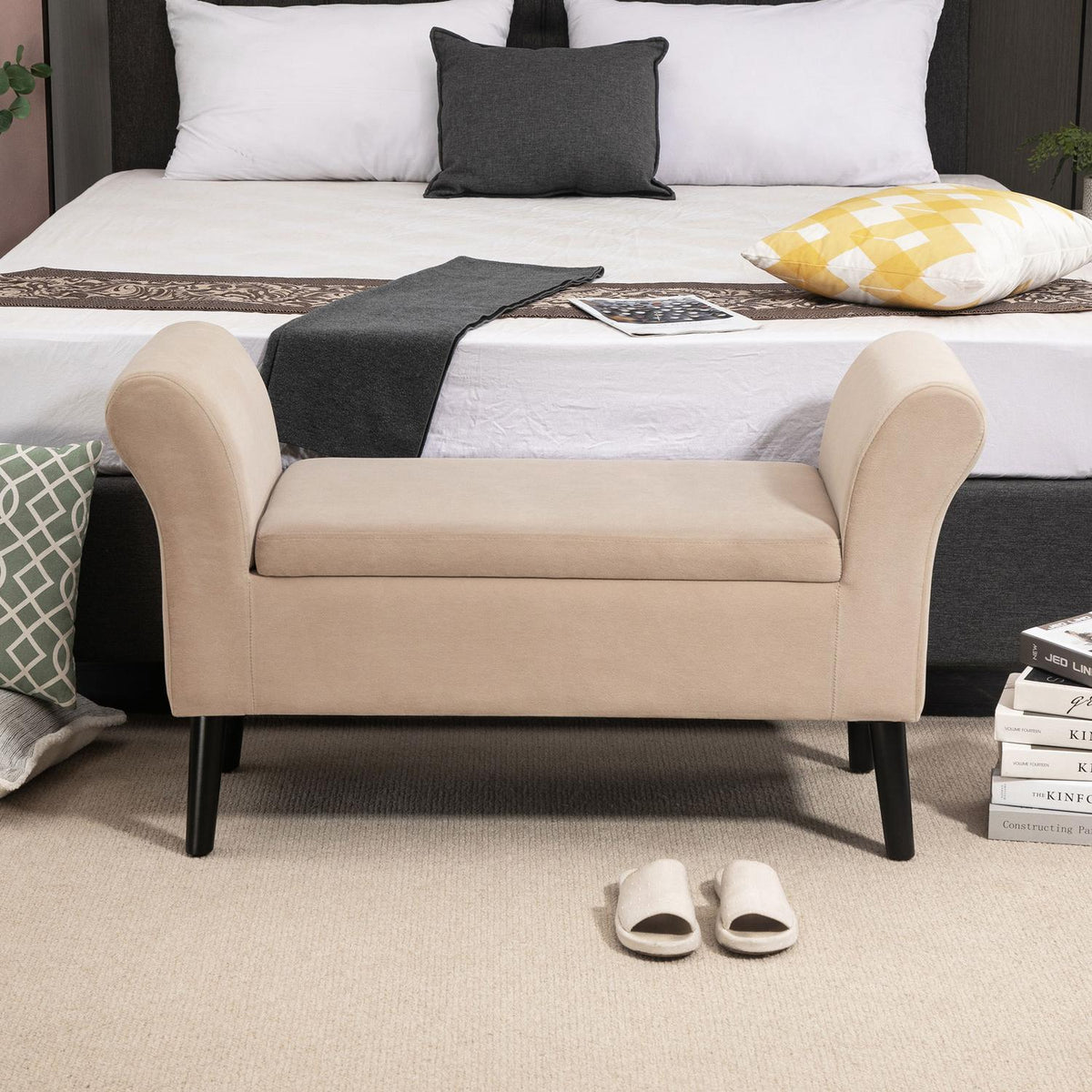 Bench For Living Room Modern Upholstered Bench With Storage Space, Velvety Polyester, Rubber Wood, Armrests, 115.5X43.5X66Cm