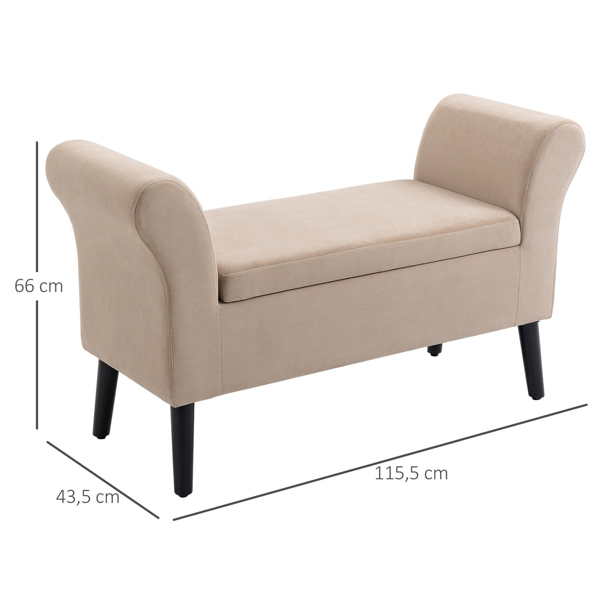 Bench For Living Room Modern Upholstered Bench With Storage Space, Velvety Polyester, Rubber Wood, Armrests, 115.5X43.5X66Cm