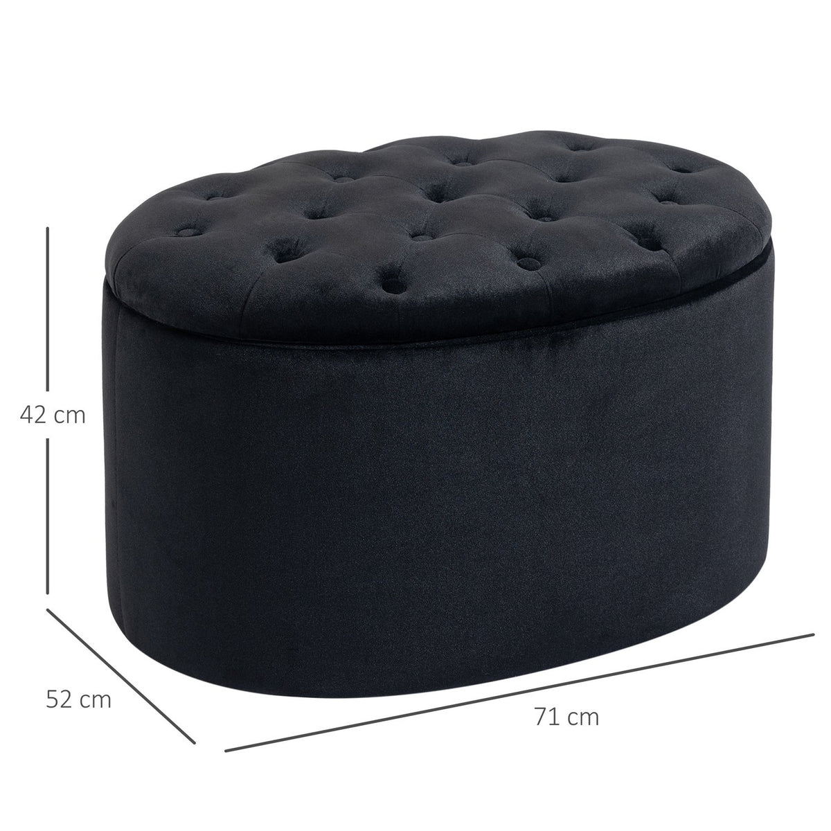 Bench In Black Modern Upholstered Bench With Storage Space, Velvety Polyester, Rubber Wood, Oval Shape, 71X52X42Cm