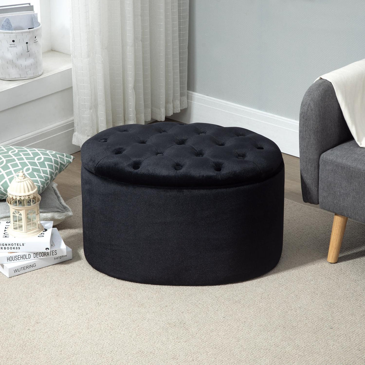 Bench In Black Modern Upholstered Bench With Storage Space, Velvety Polyester, Rubber Wood, Oval Shape, 71X52X42Cm