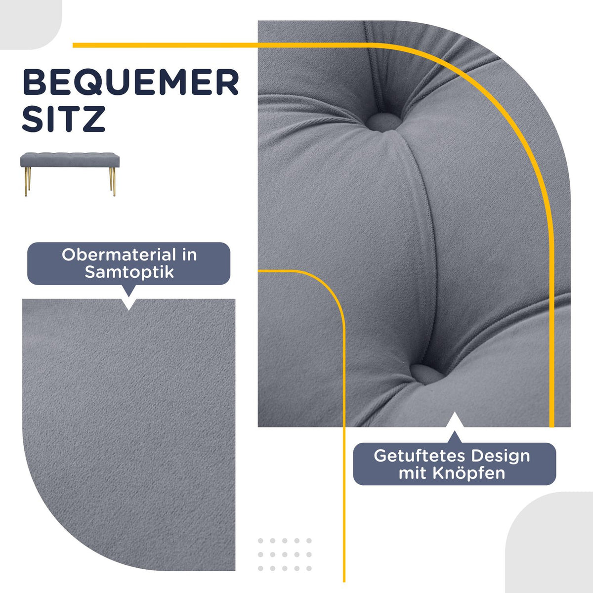 Bench In Velvet Look, Upholstered Bench, Bed Bench For Living Room, Load Capacity Up To 200 Kg, Steel, Light Gray, 115 X 46 X 49 Cm