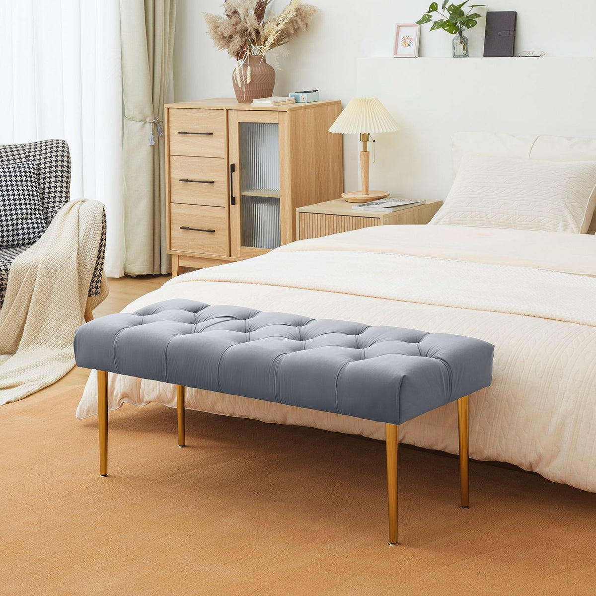 Bench In Velvet Look, Upholstered Bench, Bed Bench For Living Room, Load Capacity Up To 200 Kg, Steel, Light Gray, 115 X 46 X 49 Cm