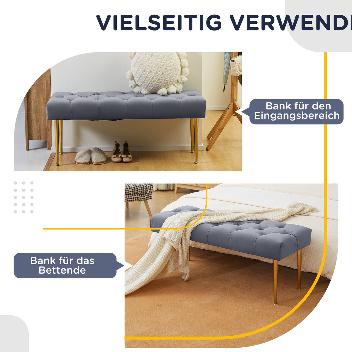Bench In Velvet Look, Upholstered Bench, Bed Bench For Living Room, Load Capacity Up To 200 Kg, Steel, Light Gray, 115 X 46 X 49 Cm