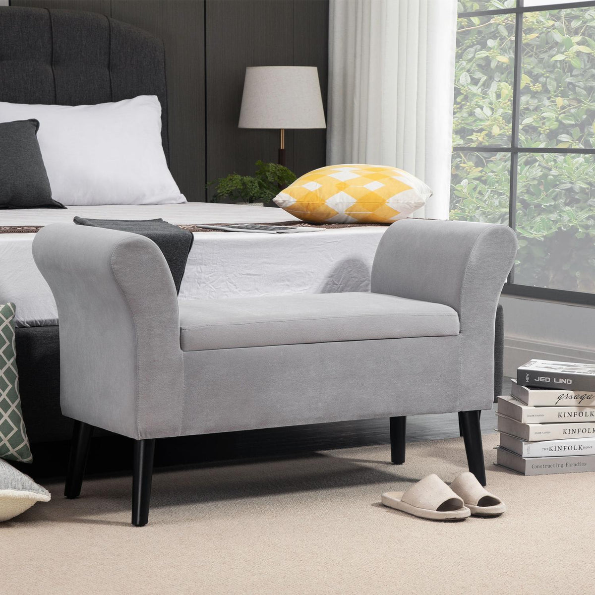 Bench Light Gray Upholstered Bench Storage Velvet Polyester Rubber Wood Modern Hallway Bedroom