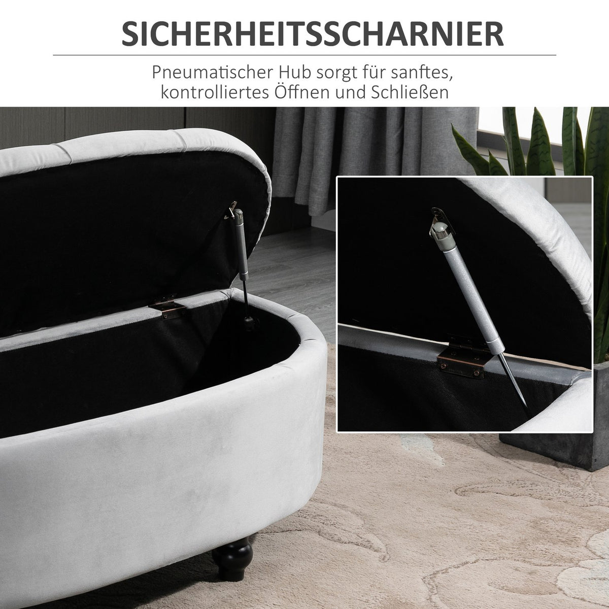 Bench Storage Stool Storage Box Footstool Velvet Touch Rubber Wood Gray Bedroom