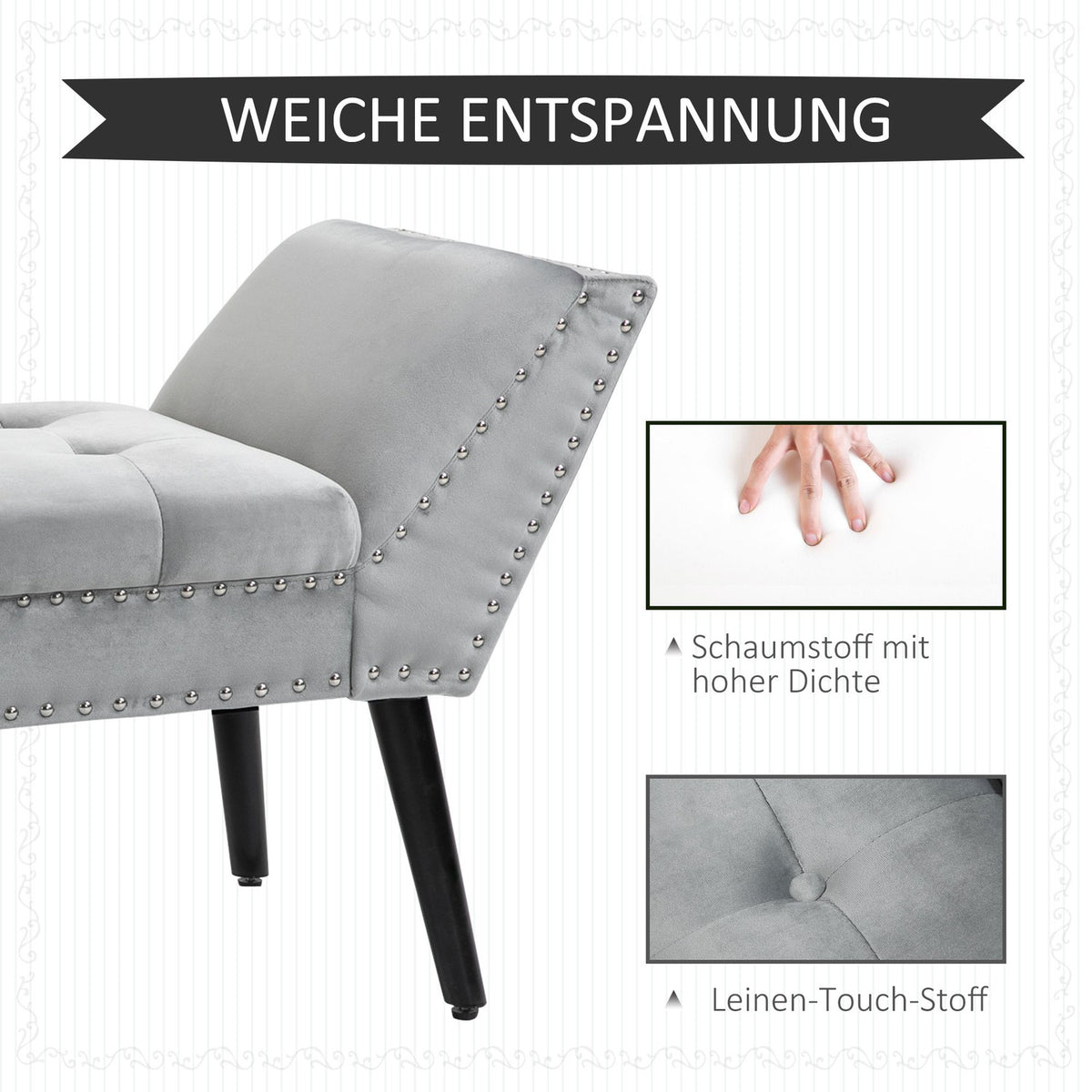 Bench Upholstered Bench Modern, Bed Bench With Buttons, Rubber Wood, Velvet, Light Gray, 114X46X56Cm