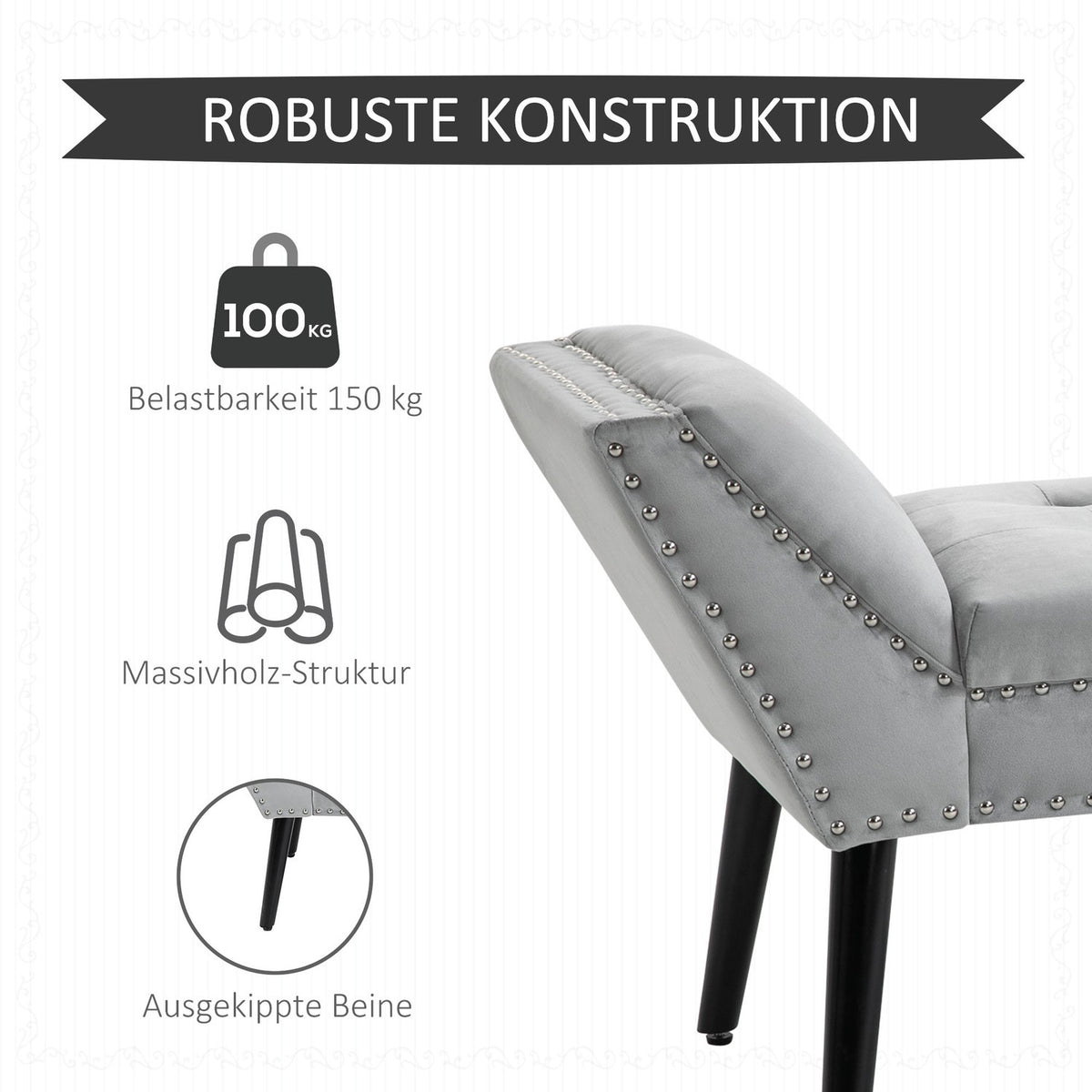 Bench Upholstered Bench Modern, Bed Bench With Buttons, Rubber Wood, Velvet, Light Gray, 114X46X56Cm