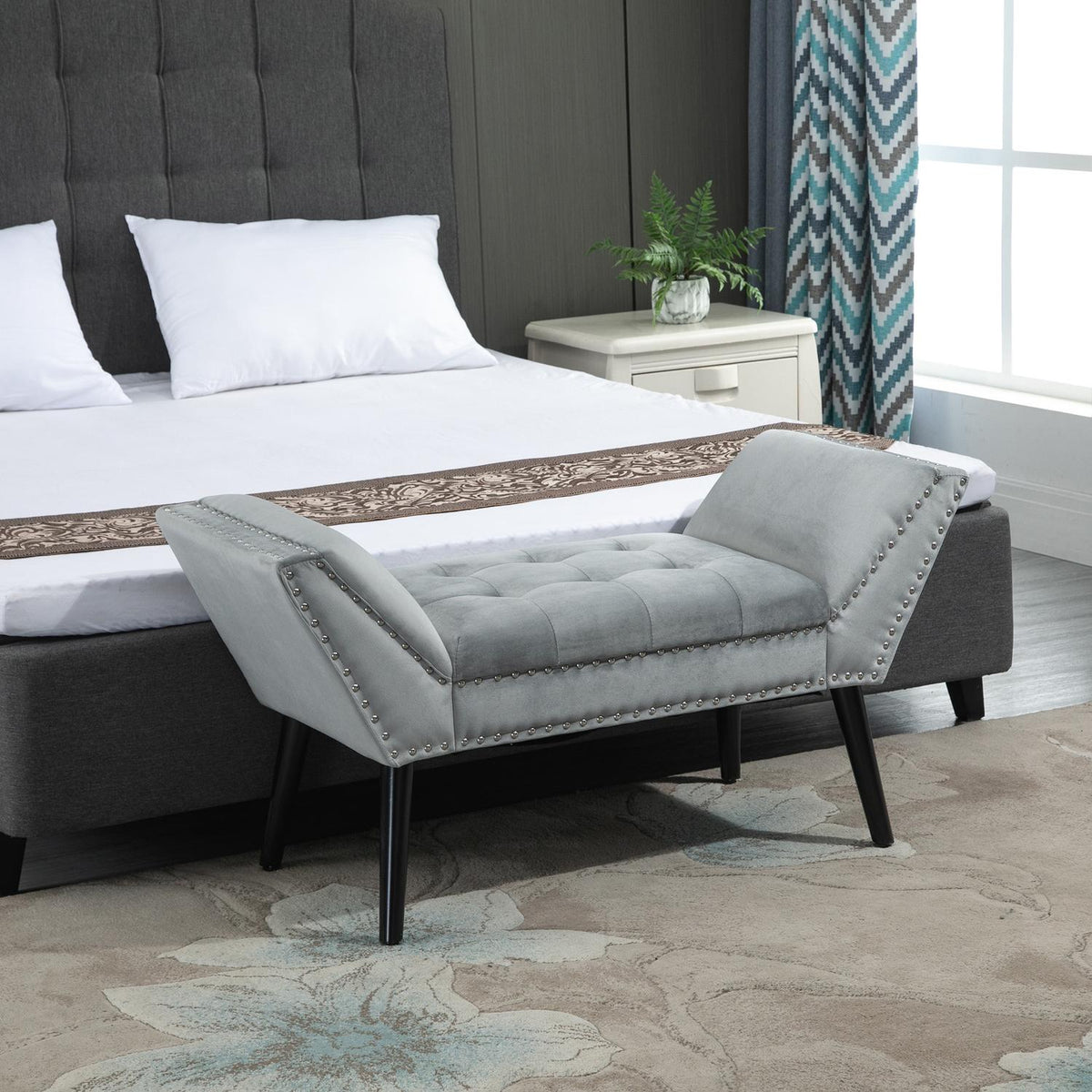 Bench Upholstered Bench Modern, Bed Bench With Buttons, Rubber Wood, Velvet, Light Gray, 114X46X56Cm