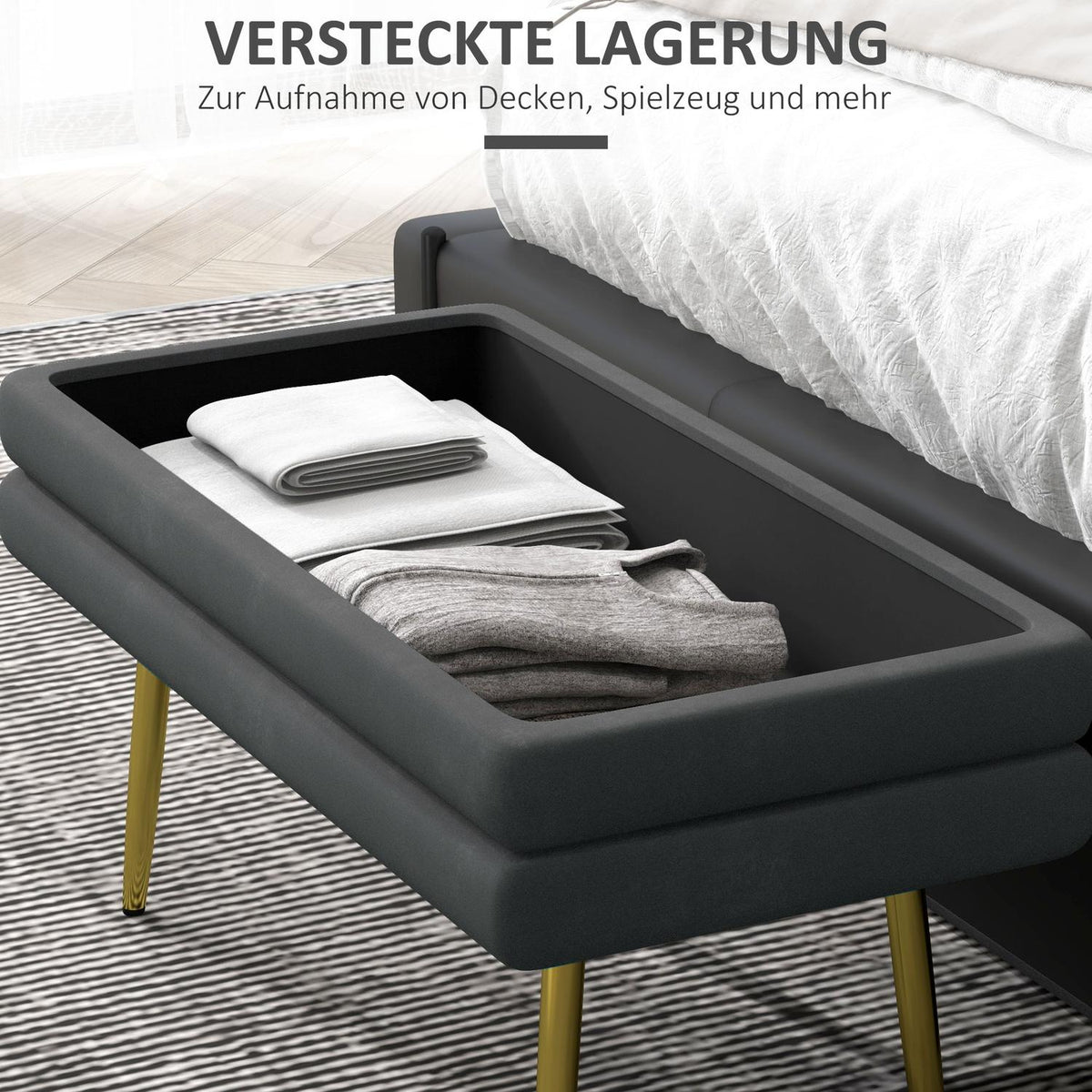 Bench Upholstered Bench Storage Space Velvet Look Bed Bench Steel Legs Shoe Bench Storage Bench Living Room Bedroom Gray 79.5X37.5X43Cm