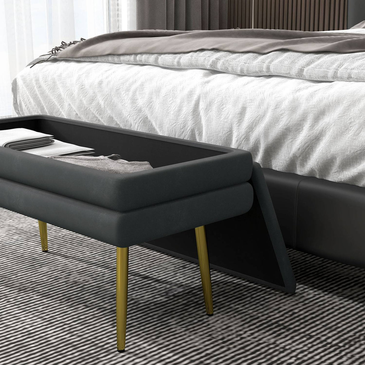 Bench Upholstered Bench Storage Space Velvet Look Bed Bench Steel Legs Shoe Bench Storage Bench Living Room Bedroom Gray 79.5X37.5X43Cm