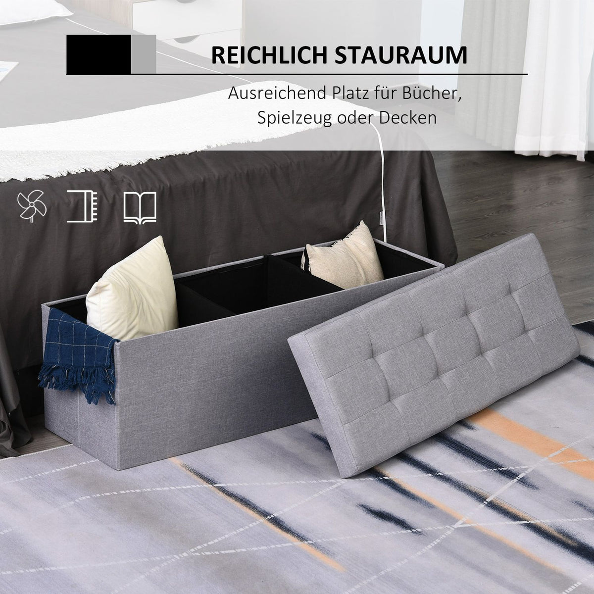 Bench Upholstered Bench With Storage Space And Divider, Foldable, Burlap, Gray, 110X38X38Cm