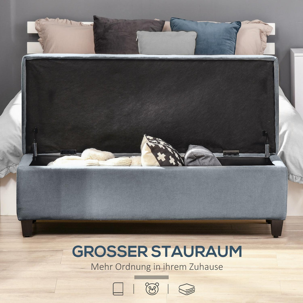 Bench, Upholstered Bench With Storage Space, Bed Bench With Lid, Linen Look, Chest Bench, Storage Bench For Living Room, Bedroom, Grey