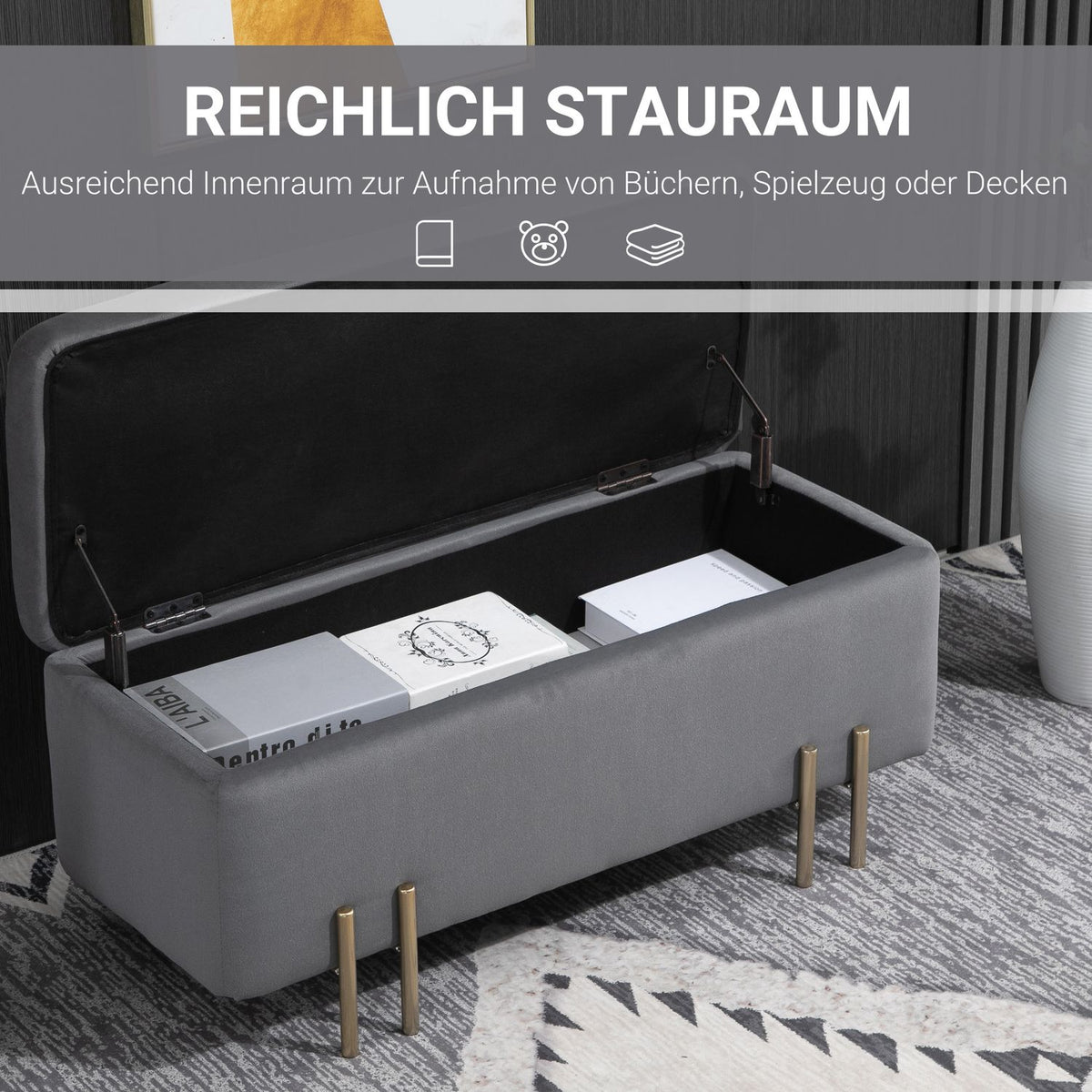 Bench Upholstered Bench With Storage Space, Chest Bench, Dark Gray, Fabric Metal Rubber Wood, 100X40X42Cm