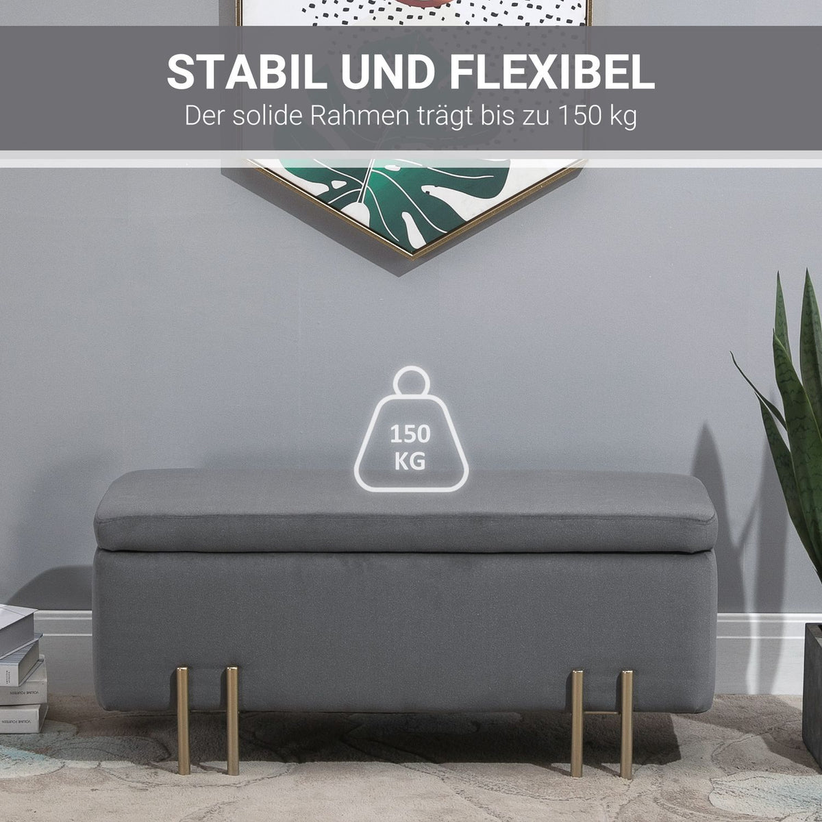 Bench Upholstered Bench With Storage Space, Chest Bench, Dark Gray, Fabric Metal Rubber Wood, 100X40X42Cm