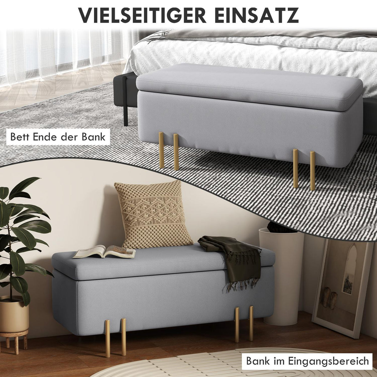 Bench Upholstered Bench With Storage Space, Chest Bench, Light Gray, Fabric Metal Foam, 100X40X42Cm