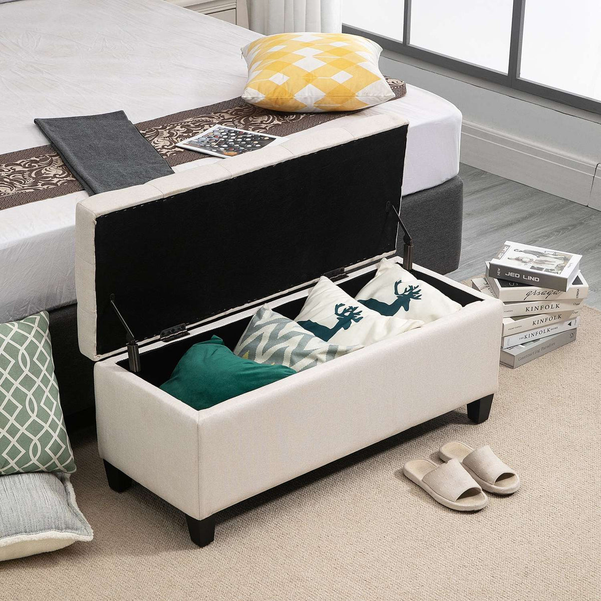 Bench Upholstered Bench With Storage Space, Chest Bench, Linen-Like Polyester, Rubber Wood, Cream White, 100 X 40 X 44 Cm