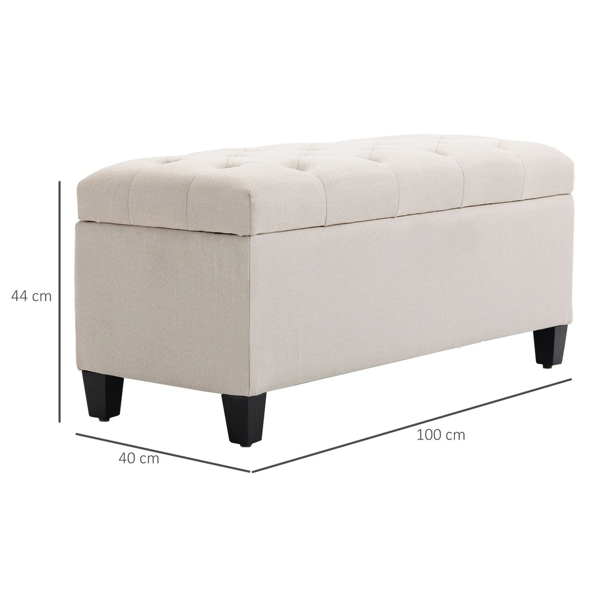 Bench Upholstered Bench With Storage Space, Chest Bench, Linen-Like Polyester, Rubber Wood, Cream White, 100 X 40 X 44 Cm