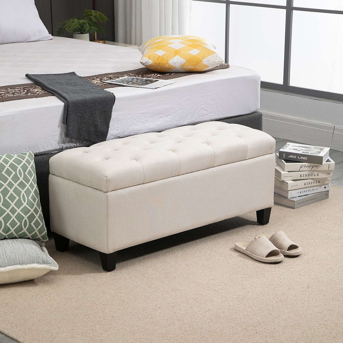 Bench Upholstered Bench With Storage Space, Chest Bench, Linen-Like Polyester, Rubber Wood, Cream White, 100 X 40 X 44 Cm