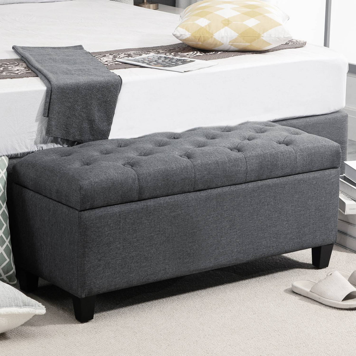 Bench Upholstered Bench With Storage Space, Chest Bench, Linen-Like Polyester, Rubber Wood, Dark Grey, 100 X 40 X 44 Cm