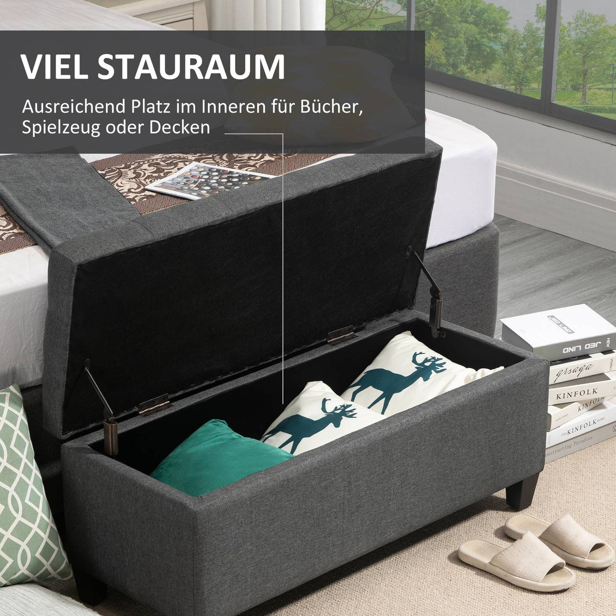 Bench Upholstered Bench With Storage Space, Chest Bench, Linen-Like Polyester, Rubber Wood, Dark Grey, 100 X 40 X 44 Cm