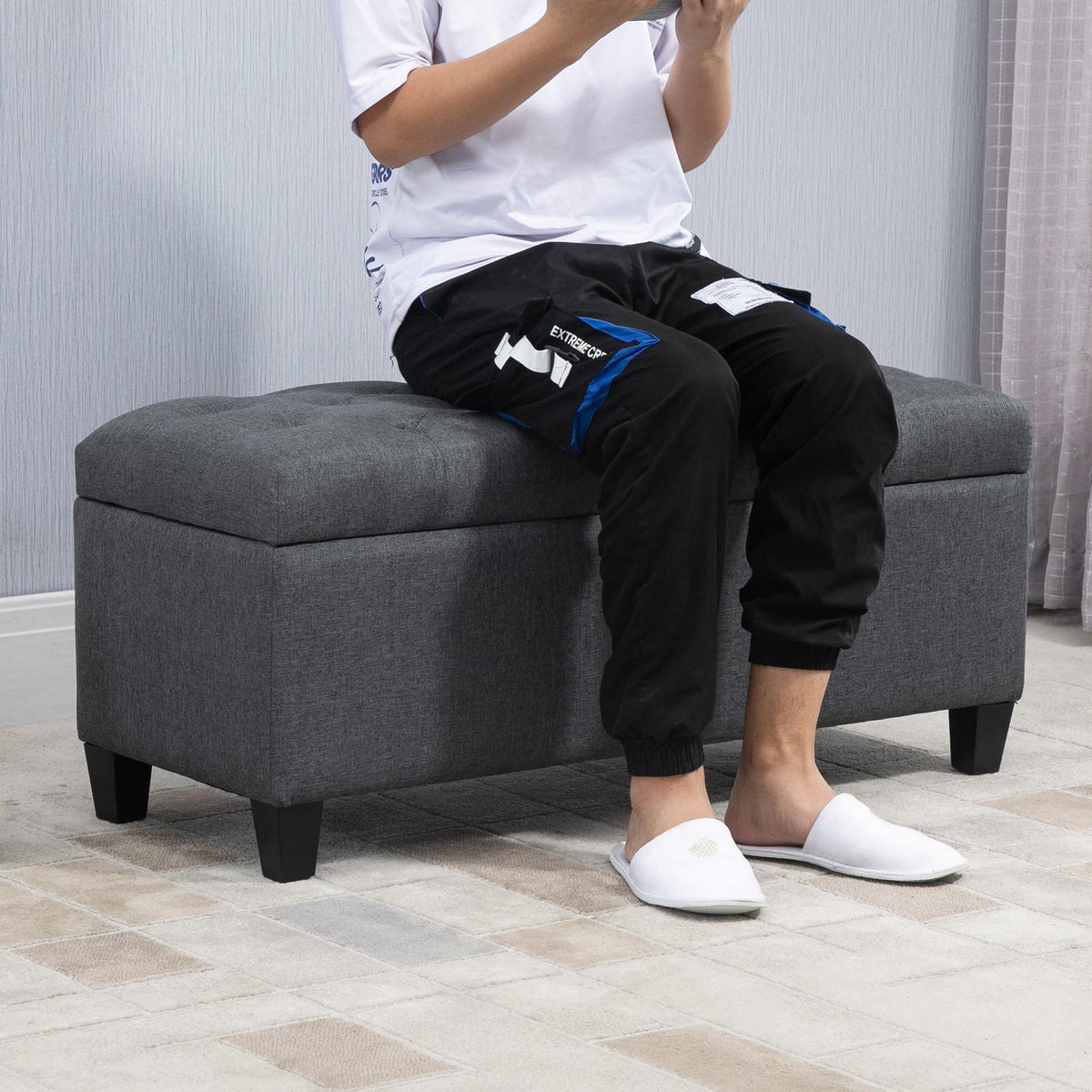 Bench Upholstered Bench With Storage Space, Chest Bench, Linen-Like Polyester, Rubber Wood, Dark Grey, 100 X 40 X 44 Cm