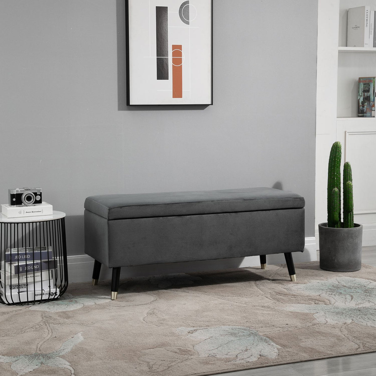 Bench, Upholstered Bench With Storage Space, Chest Bench, Metal, Foam, Rubber Wood, Charcoal Gray, 110 X 43 X 45 Cm