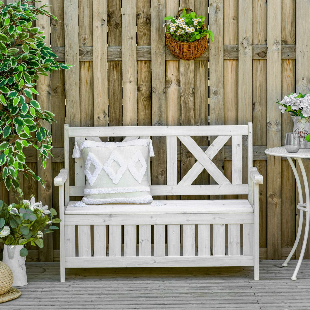 Bench With Storage Space 2-Seater Garden Chest Chest Bench Cushion Chest Storage White 115 X 61 X 85 Cm