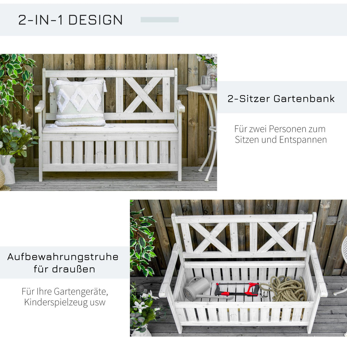 Bench With Storage Space 2-Seater Garden Chest Chest Bench Cushion Chest Storage White 115 X 61 X 85 Cm