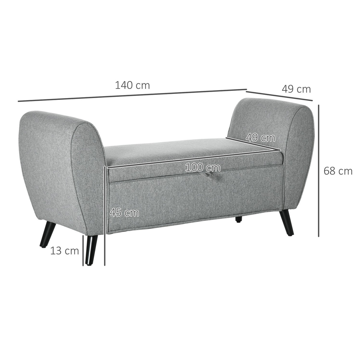 Bench With Storage Space, Bed Bench, Upholstered Bench With Linen Look, Chest Bench With Armrest, Storage Box, Light Gray