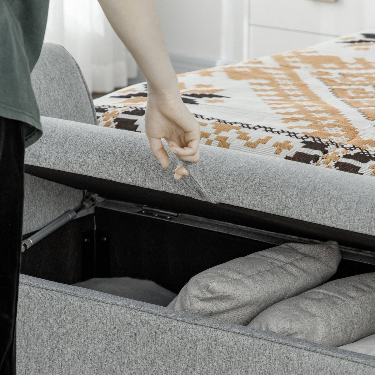 Bench With Storage Space, Bed Bench, Upholstered Bench With Linen Look, Chest Bench With Armrest, Storage Box, Light Gray