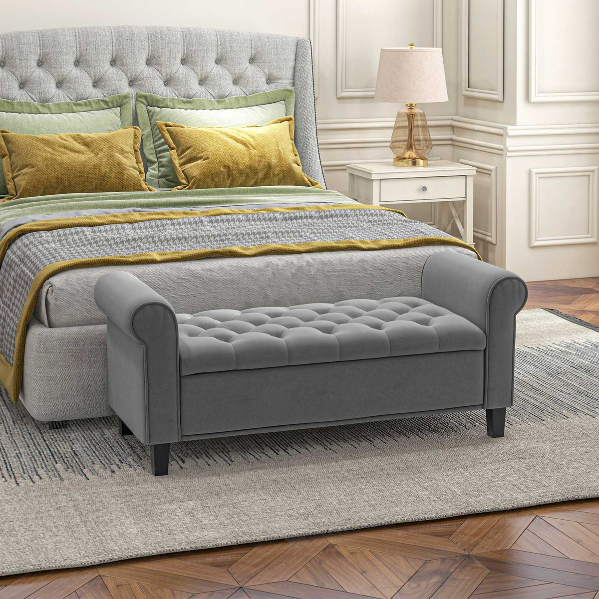 Bench With Storage Space, Upholstered Bench, Bed Bench, In Velvet Look, Hallway Bench For Bedroom, Load Capacity Up To 120 Kg, Gray, 126 X 48.5 X 57 Cm