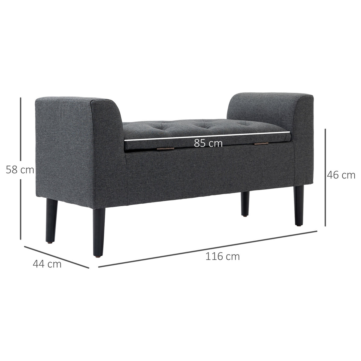 Bench With Storage Space, Upholstered Bench, Stool, Seat Chest, Load Capacity Up To 130 Kg, Linen Touch, Rubber Wood, Dark Gray, 116 X 44 X 58 Cm