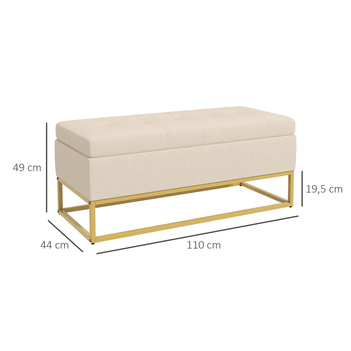 Bench With Storage Space, Upholstered Bench With Folding Lid In Velvet Look, Bed Bench With Steel Legs, Beige, 110X44X49Cm