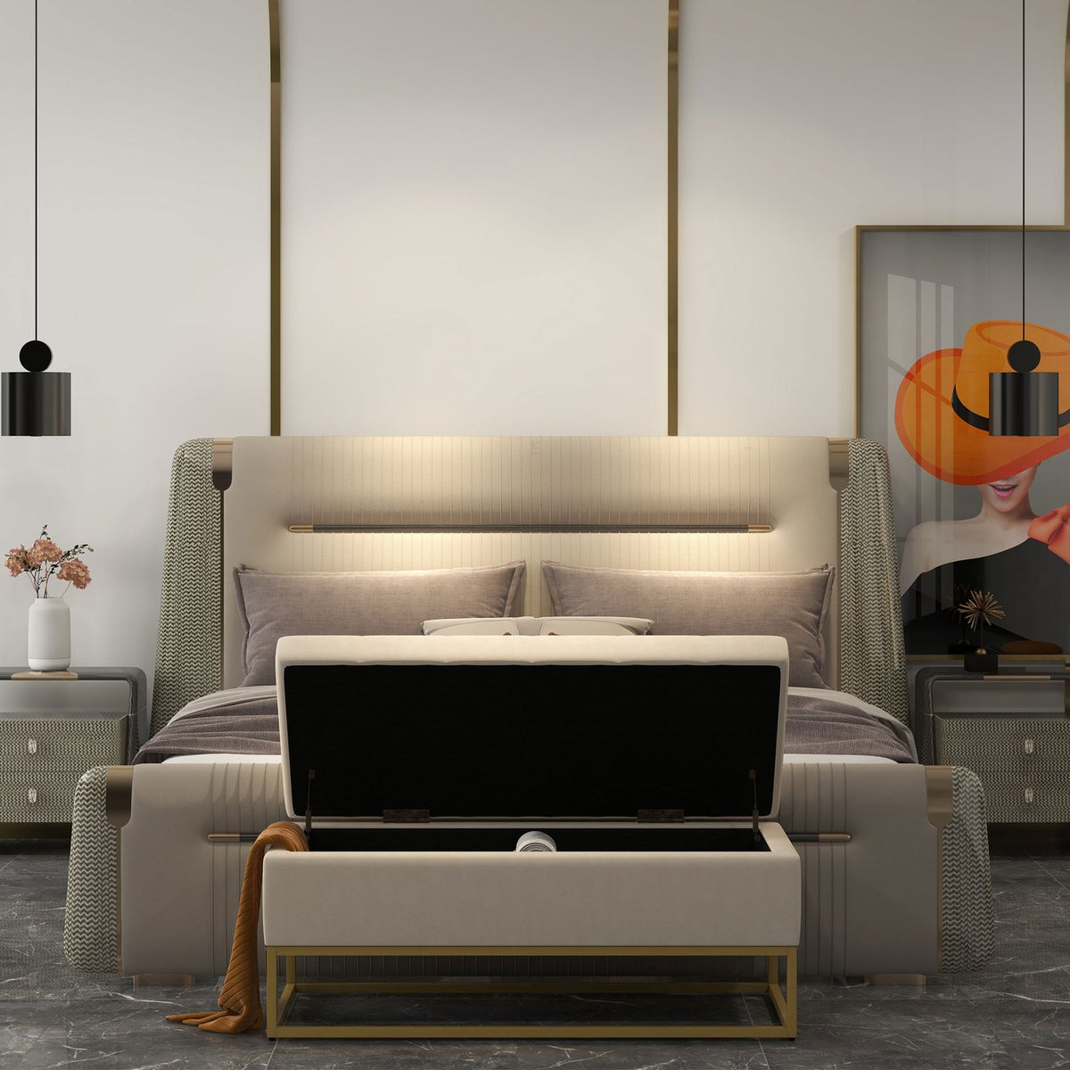 Bench With Storage Space, Upholstered Bench With Folding Lid In Velvet Look, Bed Bench With Steel Legs, Beige, 110X44X49Cm