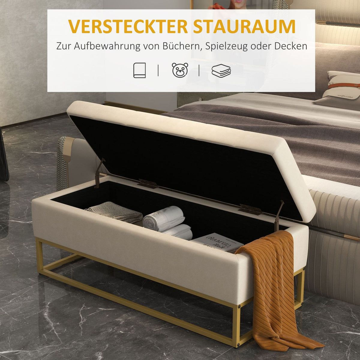 Bench With Storage Space, Upholstered Bench With Folding Lid In Velvet Look, Bed Bench With Steel Legs, Beige, 110X44X49Cm