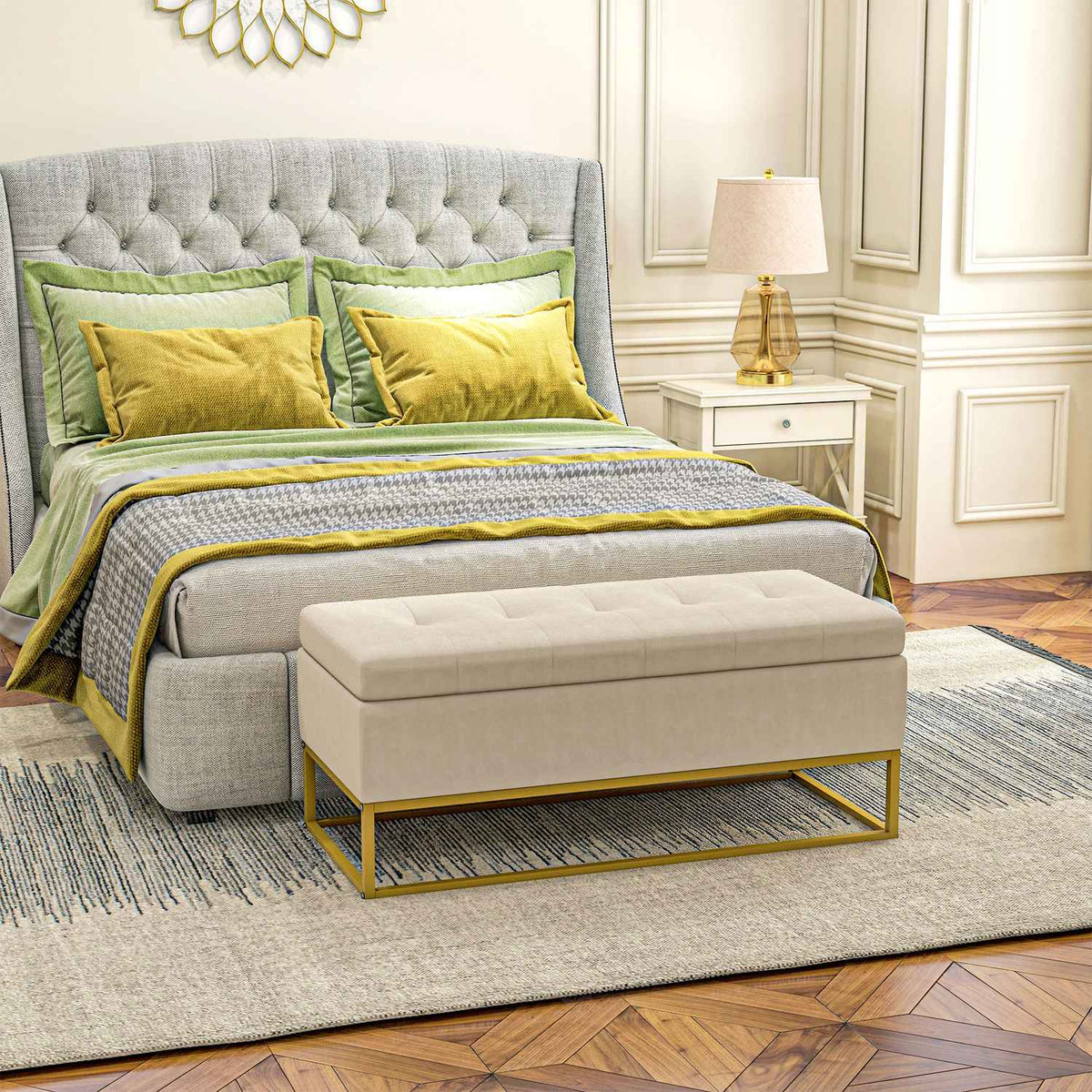 Bench With Storage Space, Upholstered Bench With Folding Lid In Velvet Look, Bed Bench With Steel Legs, Beige, 110X44X49Cm