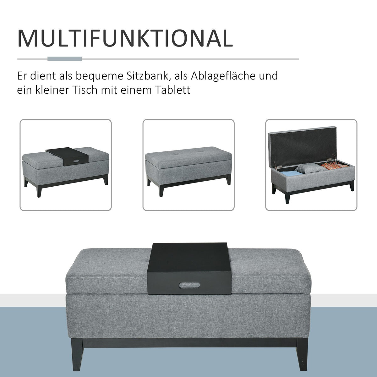 Bench With Storage Space, Upholstered Stool, Load Capacity Up To 120 Kg, Removable Tray, Polyester, Foam, Beige