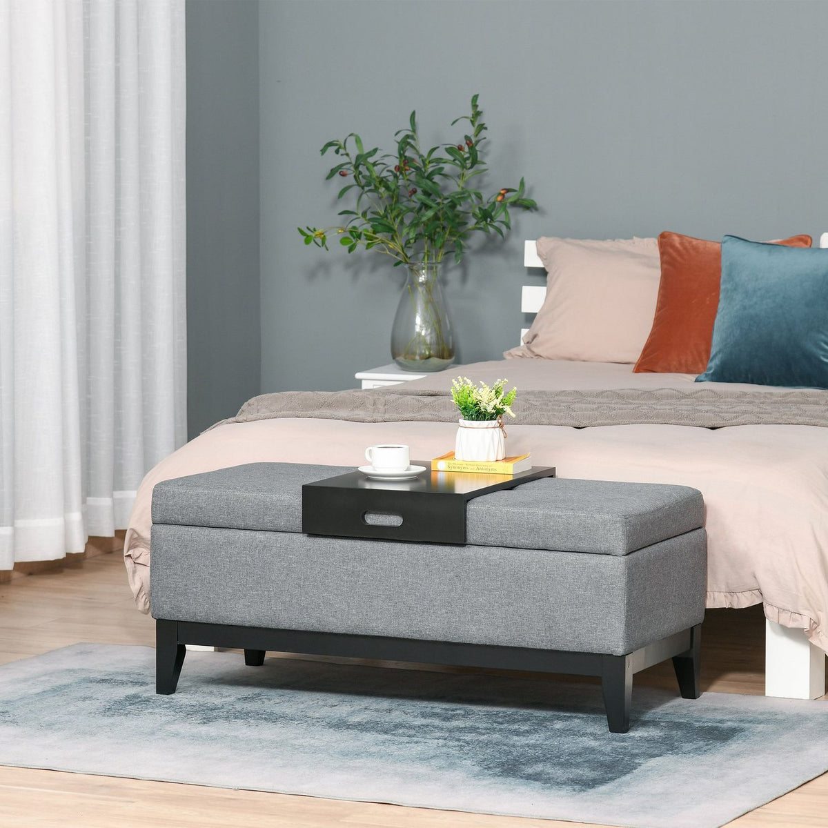 Bench With Storage Space, Upholstered Stool, Load Capacity Up To 120 Kg, Removable Tray, Polyester, Foam, Beige