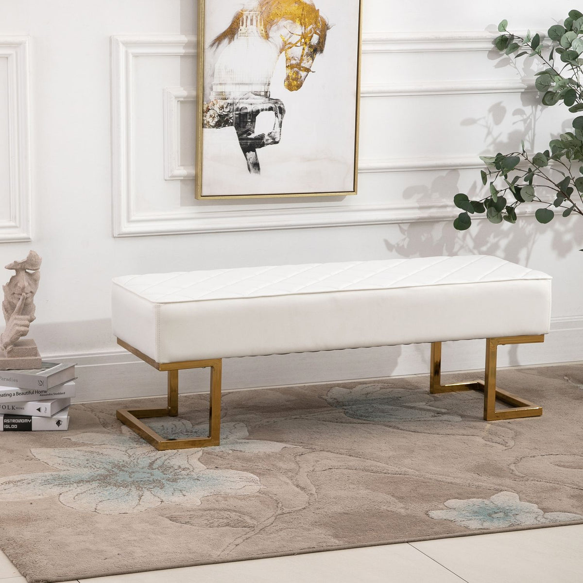 Bench chest bench for bedroom and living room, faux leather metal white gold 120x43x42 cm, stylish bed bench